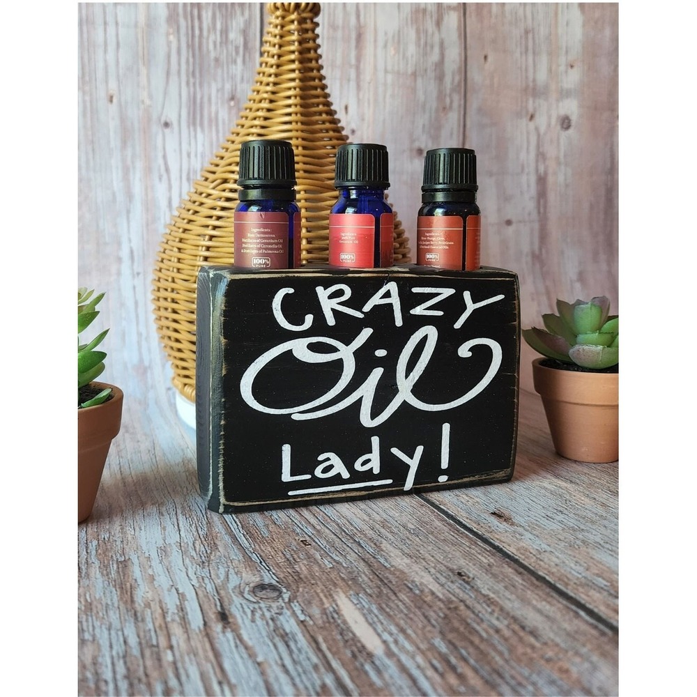 Crazy‎ Oil Lady Wooden Essential Oil Holder 3 Hole Rustic Distressed Black Sign